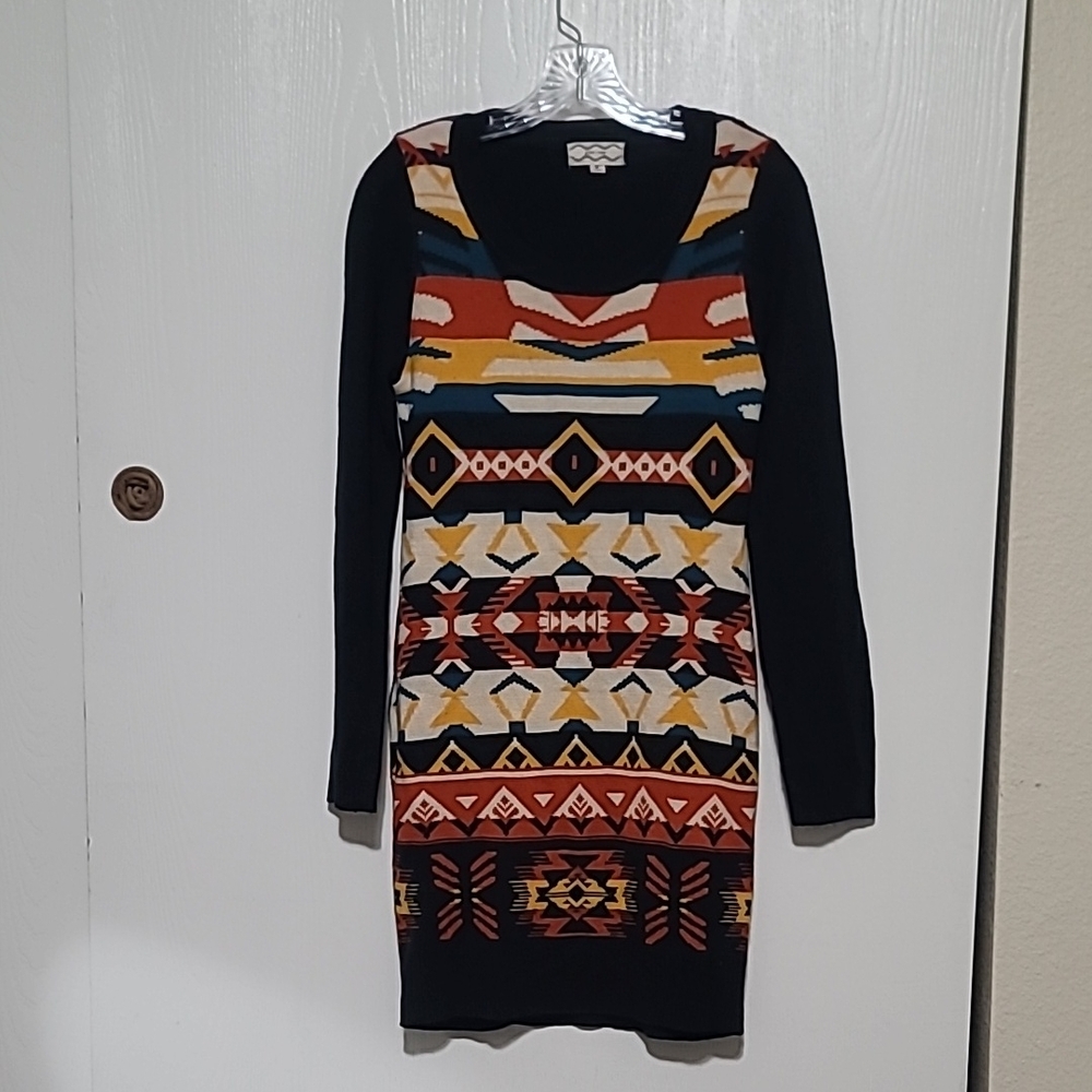 Pink rose sweater knit bodycon dress long sleeve blue medium